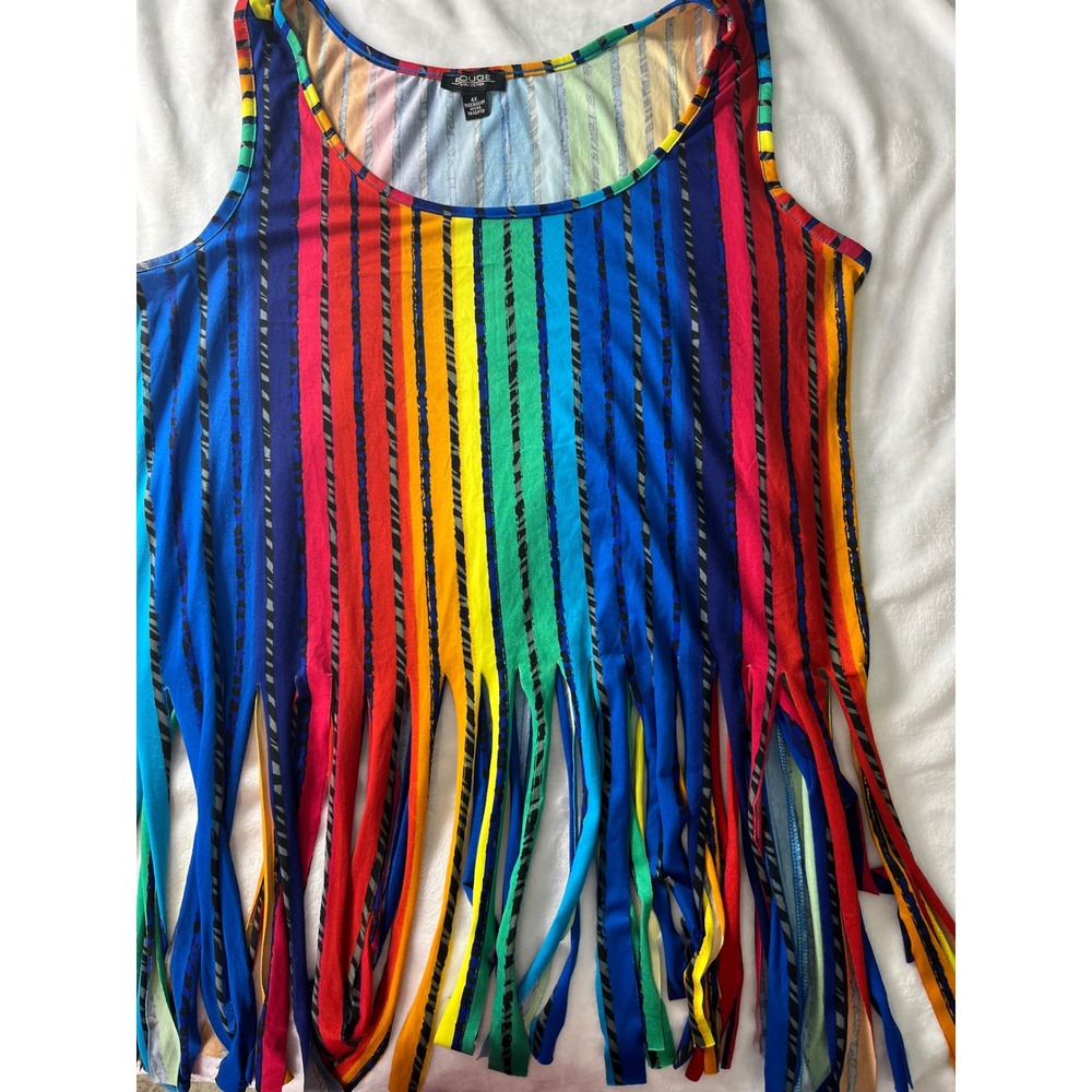 Rouge Collection Womens 4X Rainbow Stripe Fringe Hem Tank Top Sleeveless Multi